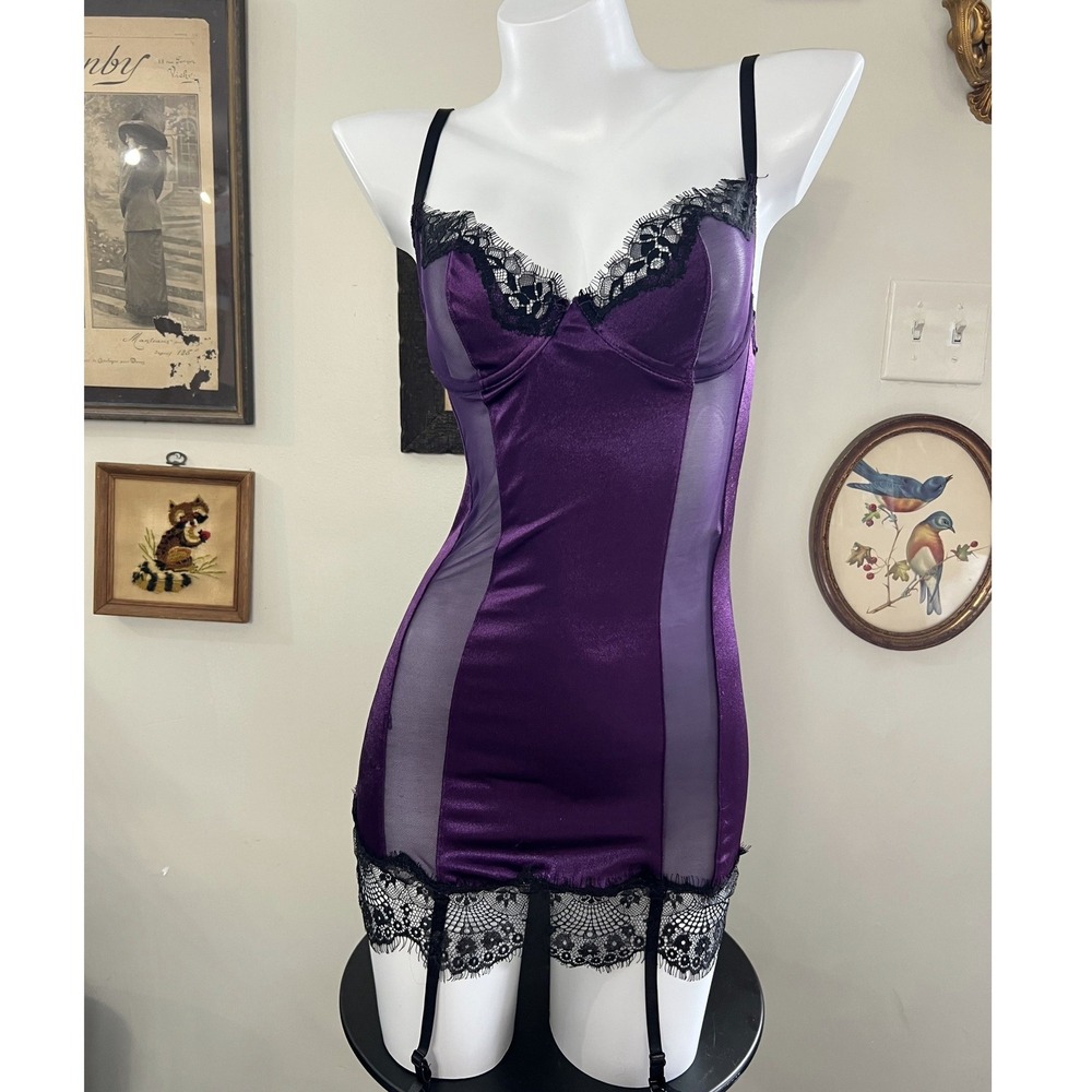 Dreamgirl Purple Satin and Sheer Mesh Lingerie Chemise with Garter Straps Size S